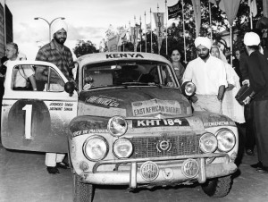 Joginder Singh, his brother Jaswant and their Volvo PV 544 claiming first place at the East African Safari Rally in 1965.